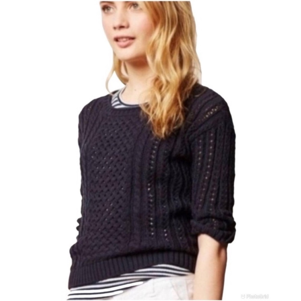 Anthropologie Knitted & Knotted Evening Chill Cable Knit Sweater in Navy Blue